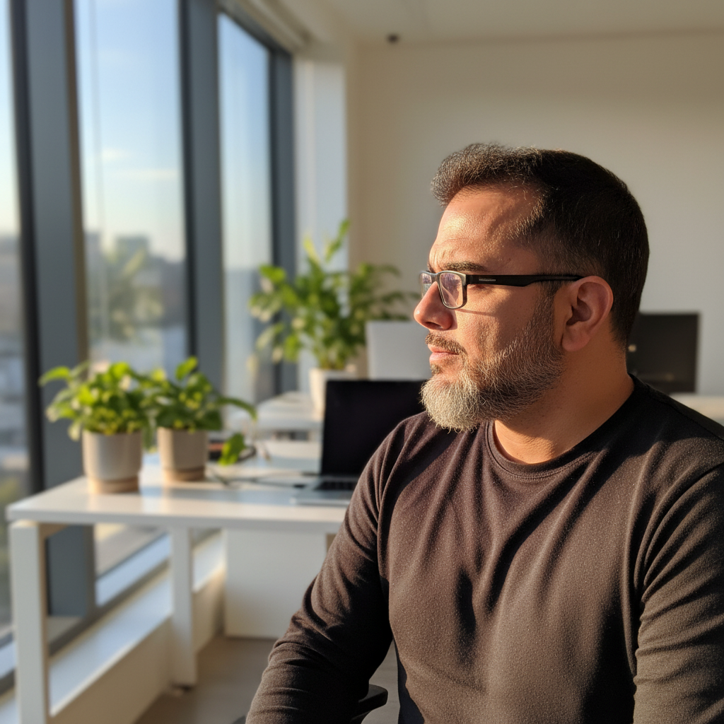 Profissional em momento de clareza e decisão